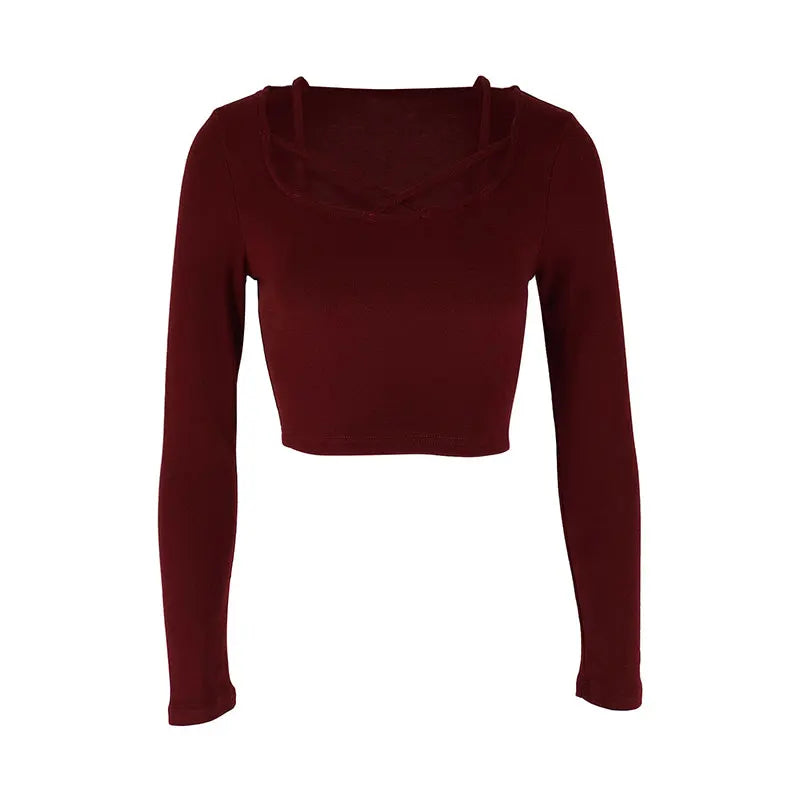Women Sexy Wine Red T-shirt Sexy Hollow Out Low Chest Top New Streetwear Fashion Long Sleeves Casual Slim Lady Knitted Tees Top - Lootquake
