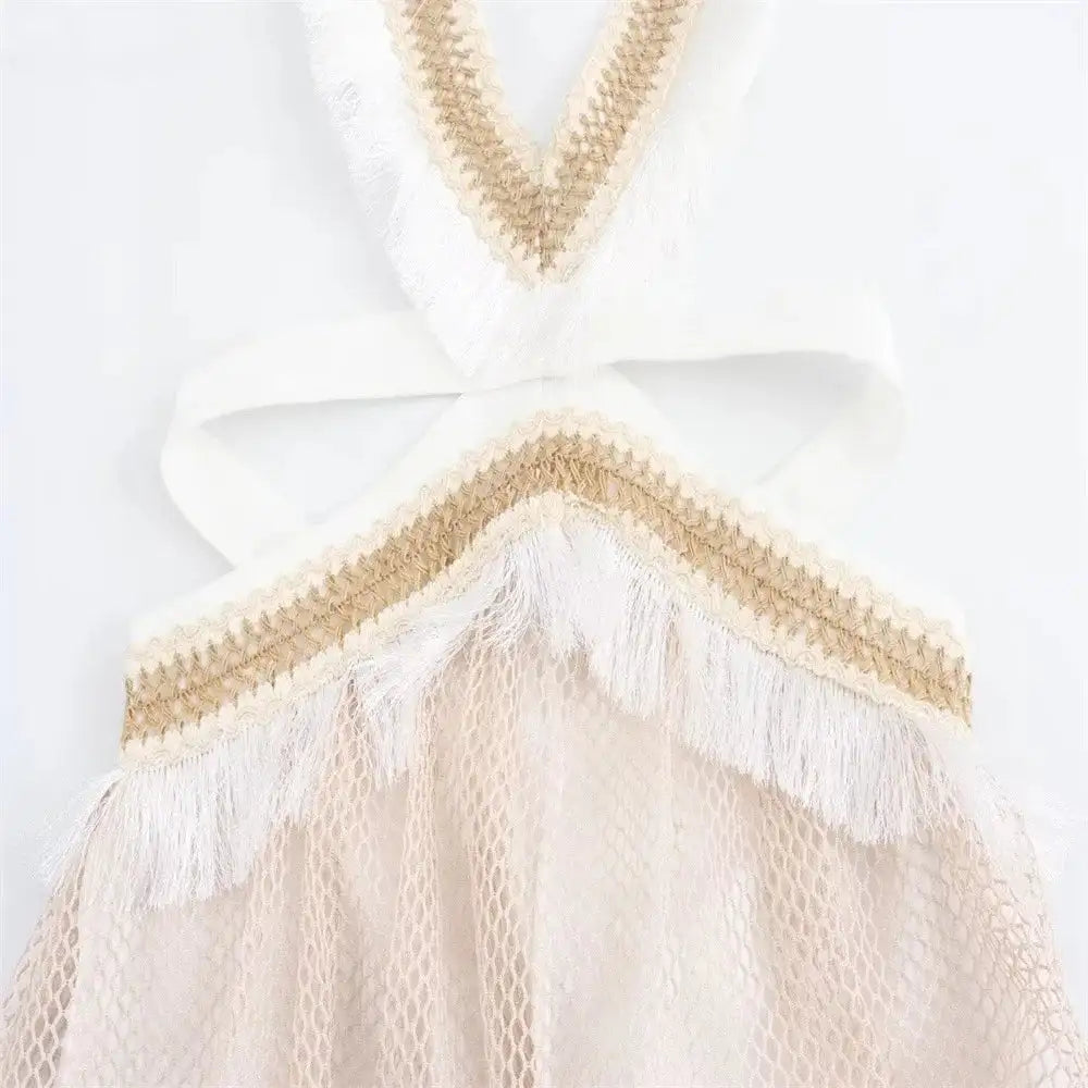 2024 Summer Beach Party Robes Women Fashion Deep V Neck Sleevelss See Through Dresses Sexy Printed Tassels Patchwork Long Dress - Lootquake