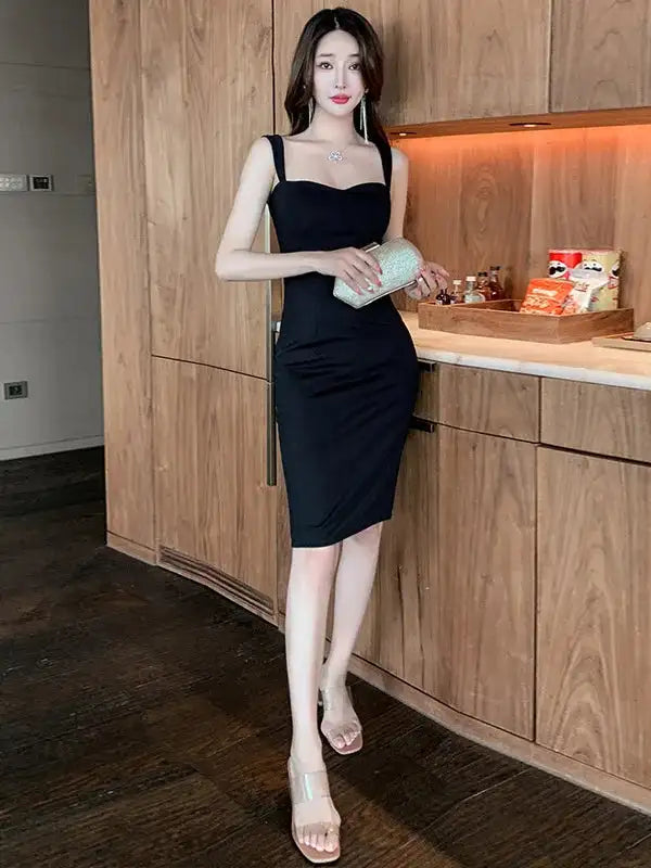 Sweet Fashion Slash Neck Long Dress Sexy Office Lady Straps Slim Medium Dress Elegant Women 2023 New Sweet Spice Girls 4CWT - Lootquake