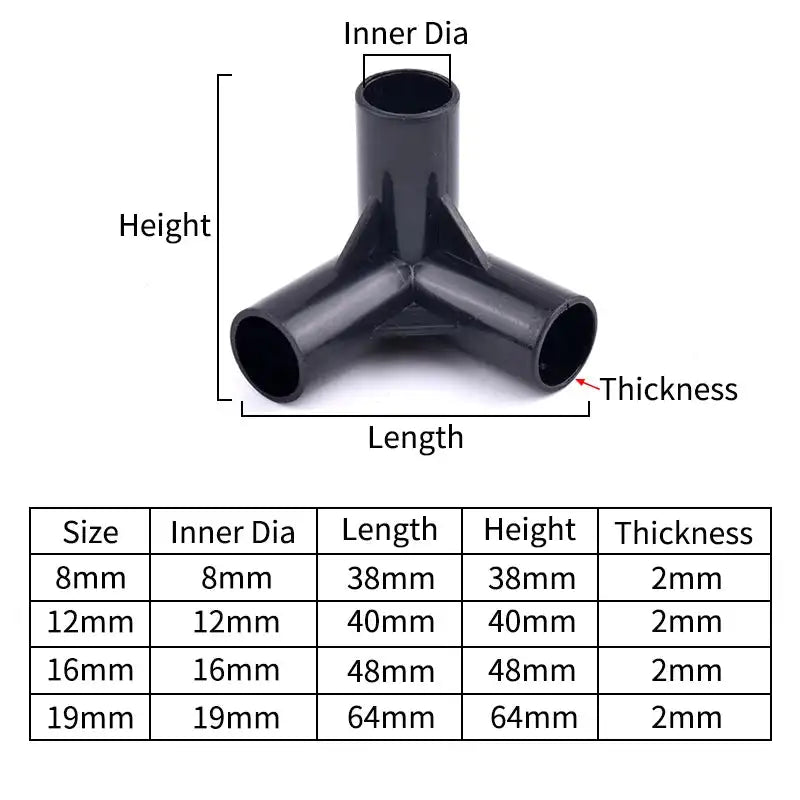 I.D 8/12/16/19mm Black Plastic Pipe Connector DIY Shelf Water Tube Joint Tent Fixed Connector Tee Four Way Elbow Straight Joint - Lootquake