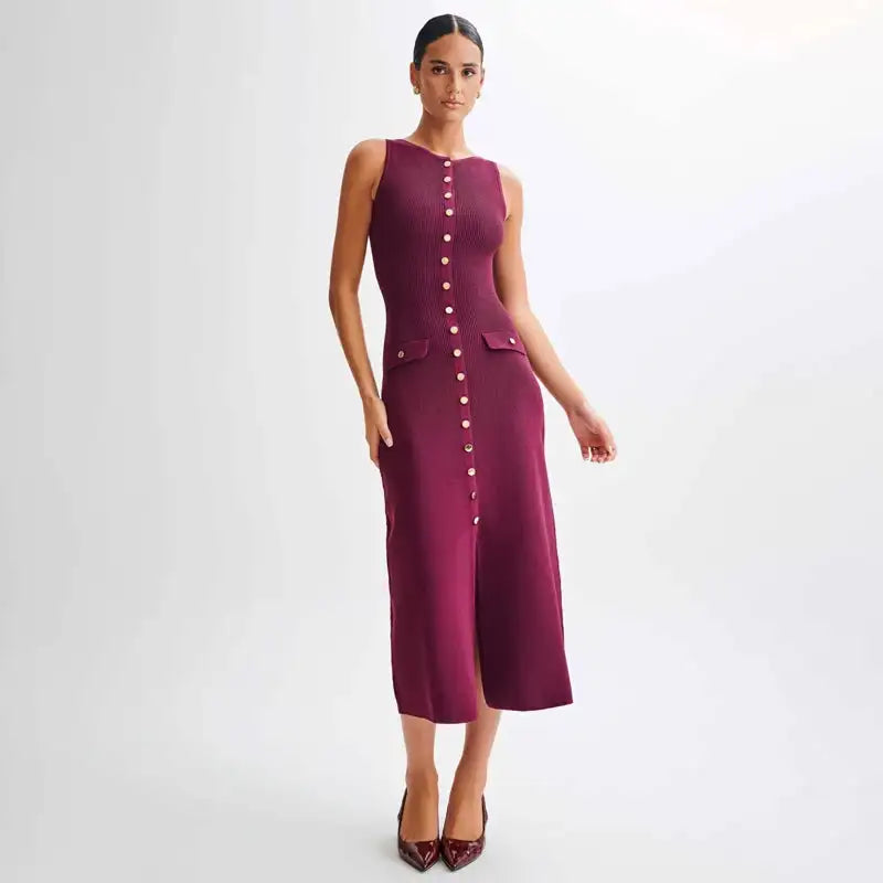 Fashion Knitted Long Dress For Women Elegant Sleeveless Button Maxi Sweater Bodycon Dresses Female Party Fashion Vestidos 2024 N - Lootquake