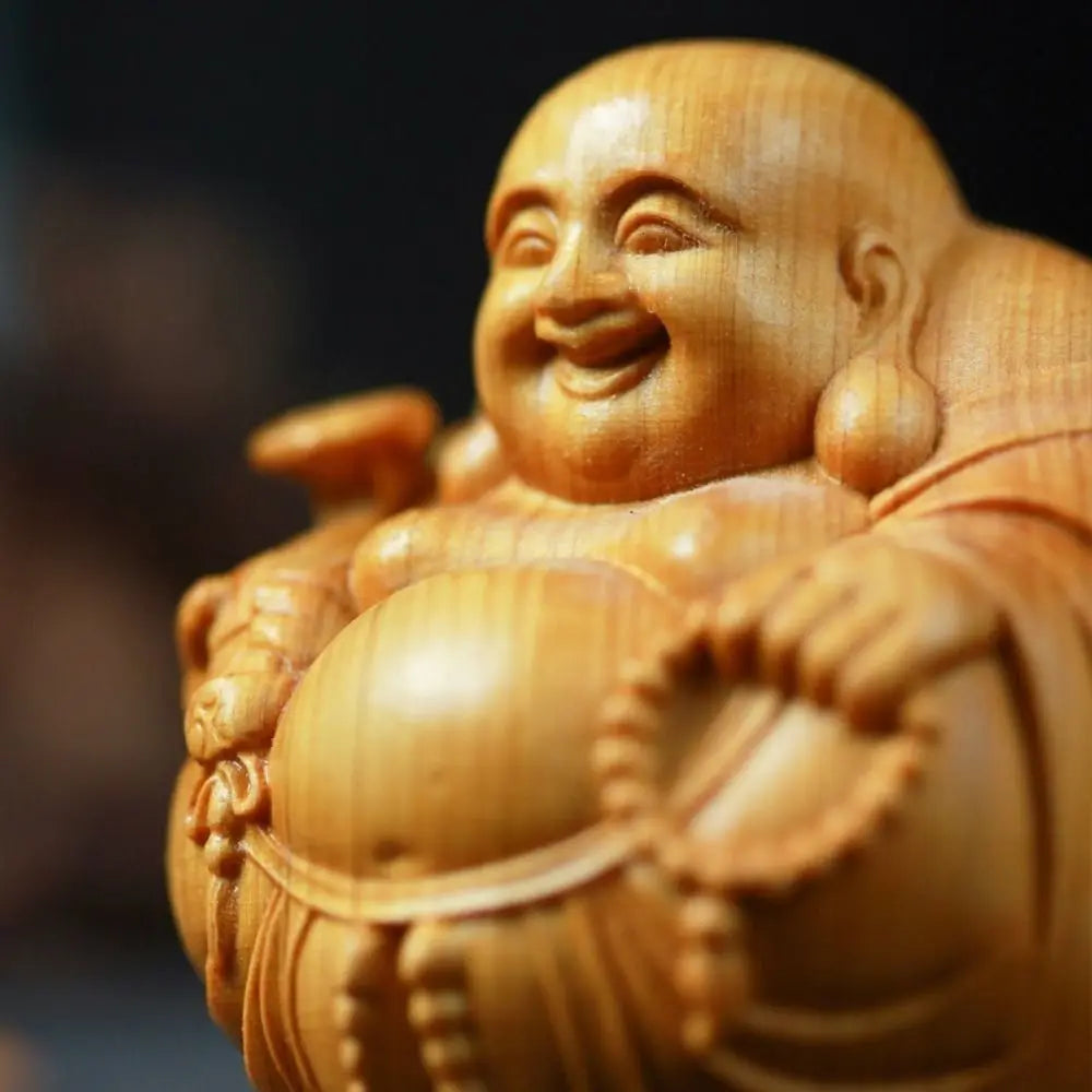 Home Decor Woodcarving Laughing Buddha Maitreya Sculpture Miniature Wooden Buddha Statue Craft Mini Handmade Statue Table Top