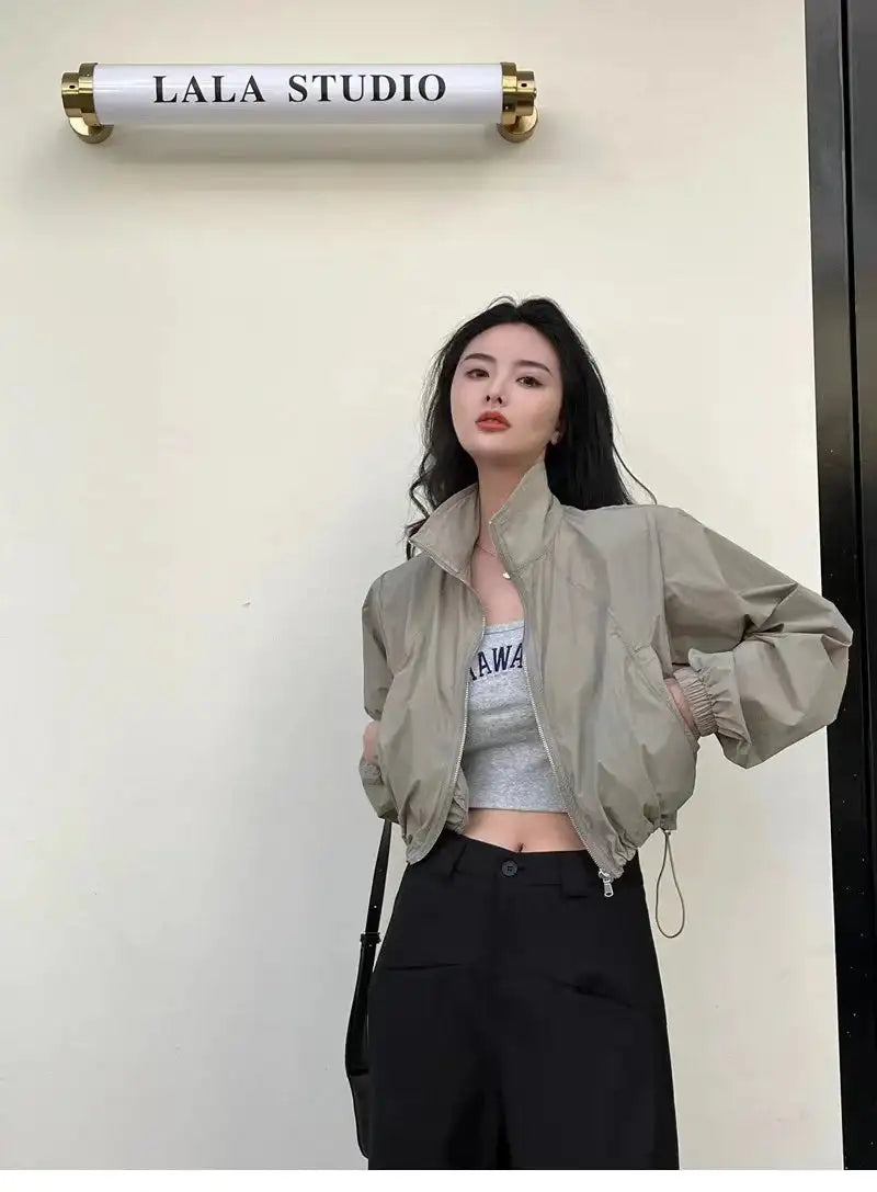 2024 Autumn Vintage Women's Windbreaker Cropped Jackets Harajuku Oversized Streetwear Long Sleeve Fashion Female Elegant Top - Lootquake