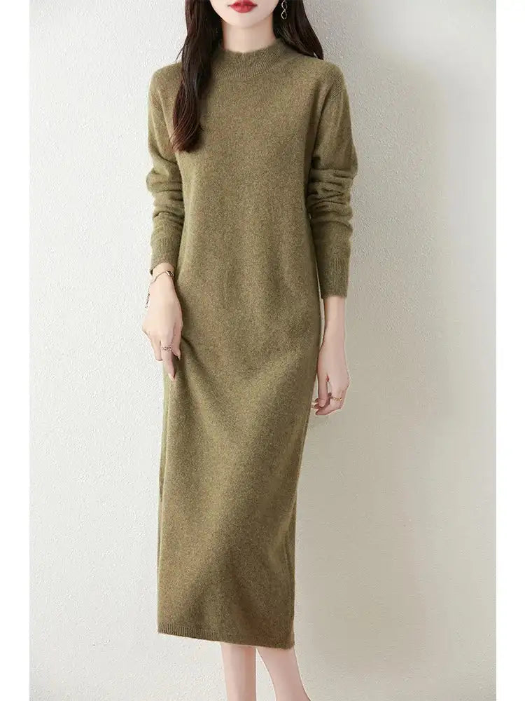 Autumn Winter Women's Wool Long Dress Cashmere Mock Neck Pullover Sweater 100% Merino Wool Soft Knitwear OL Simple Basic Dress - Lootquake