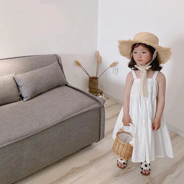 Girls Cotton Solid White Dress Ruffles Kids Strap Dress Summer Sleeveless Toddler Baby Long Dress Girl Clothes 1-6Y Kleid/robe - Lootquake