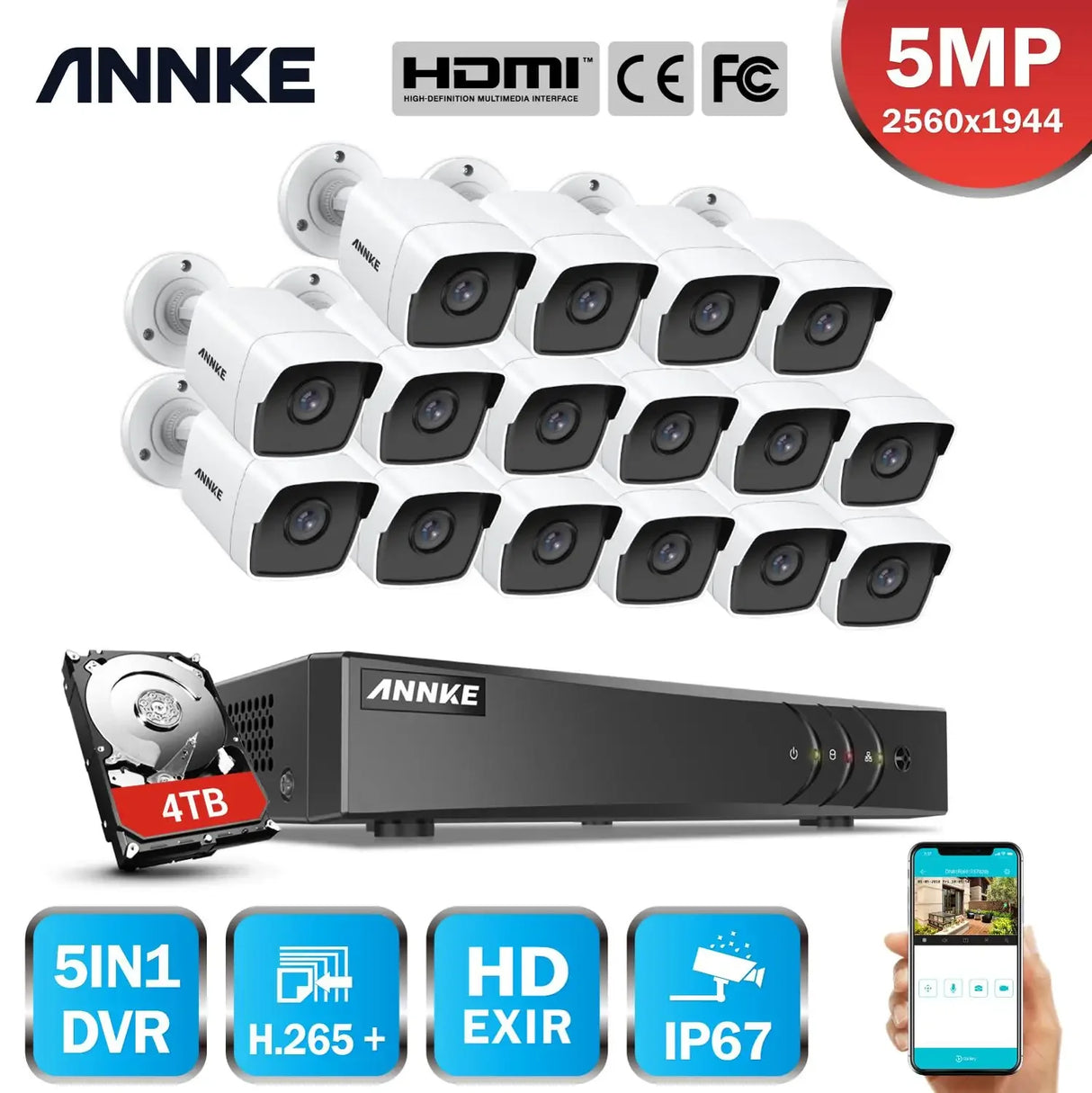Sistema de seguridad CCTV DVR ANNKE H.265+ 5MP Ultra HD de 16 canales, 16 cámaras de visión nocturna EXIR de 5MP para exteriores, kit de videovigilancia