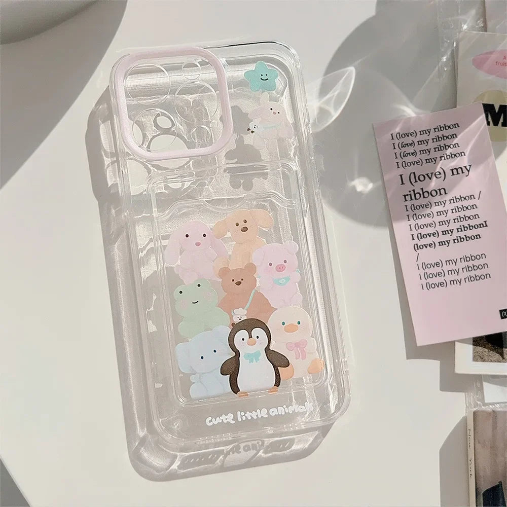 Estuche transparente con ranura para tarjetas y diseño de animales de dibujos animados para iPhone