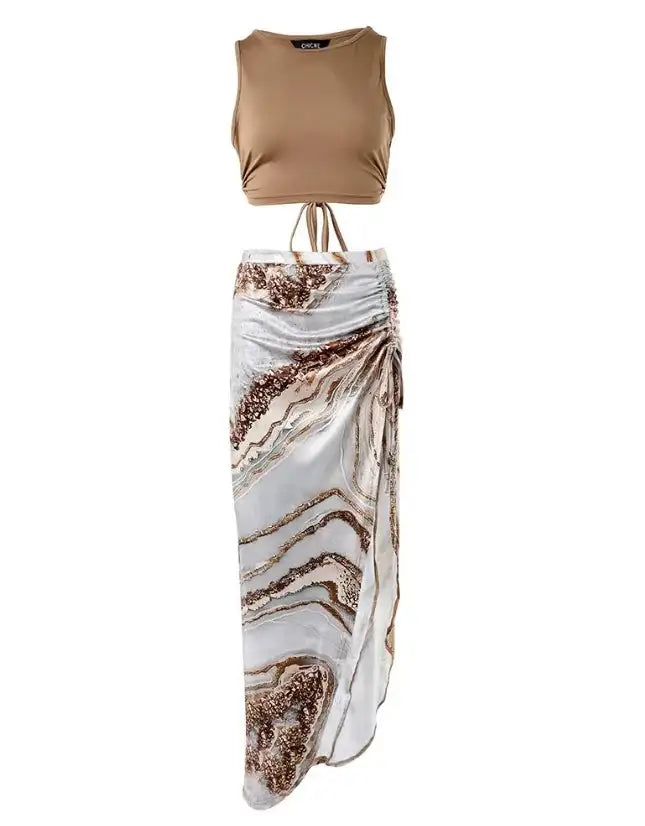 Elegant Two-Piece Women's Summer Dress Set with Ginkgo Print Strapless Short Top and Drawstring High Slit Casual Long Dress Set - Lootquake