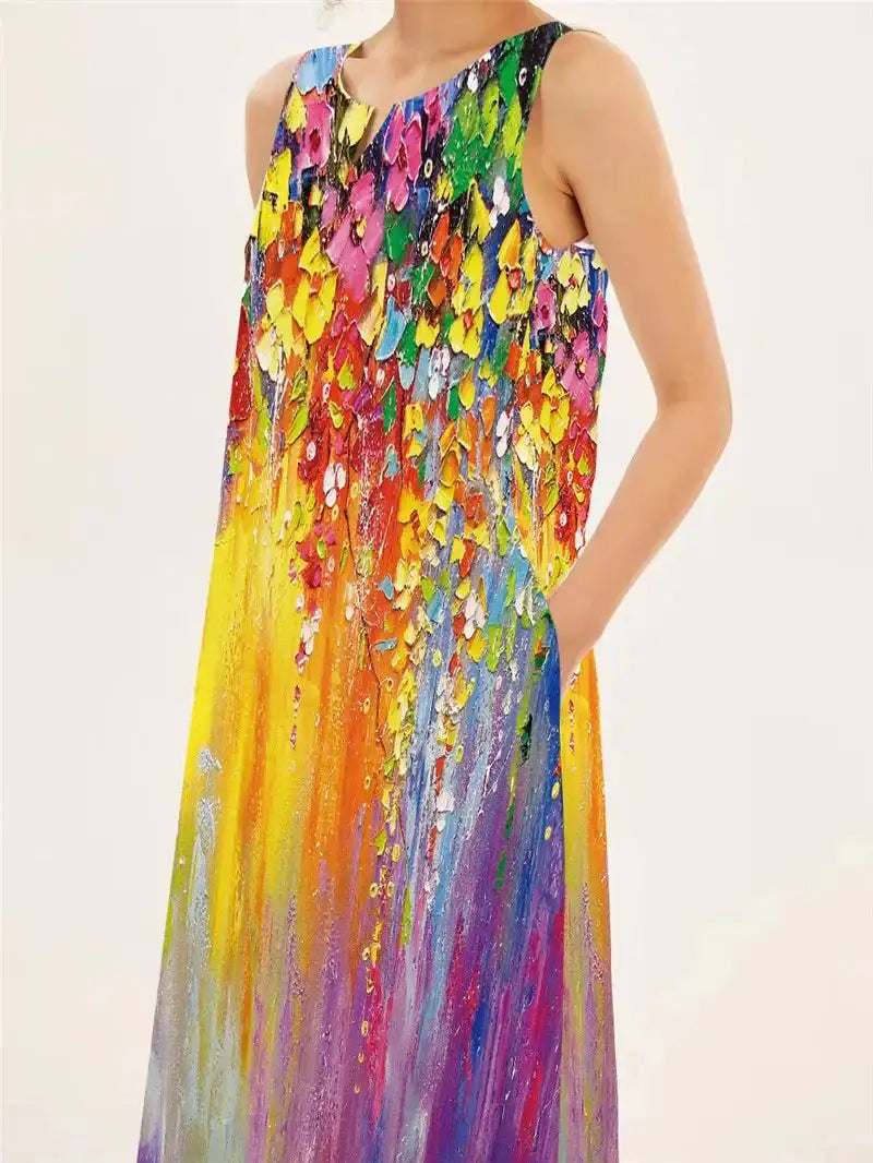 Rainbow Gradient Print Elegant Women's Dress 2024 Summer Sexy Sleeveless V-neck Evening Long Dress Women Casual Party Maxi Dress - Lootquake