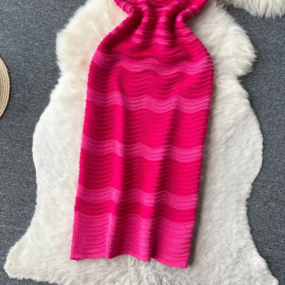Short Sleeves Striped Long Dress Lapel Neck Hollow Out Slim Bodycon Sundress Fashion Hotsweet Knitted Beach Midi Dress - Lootquake