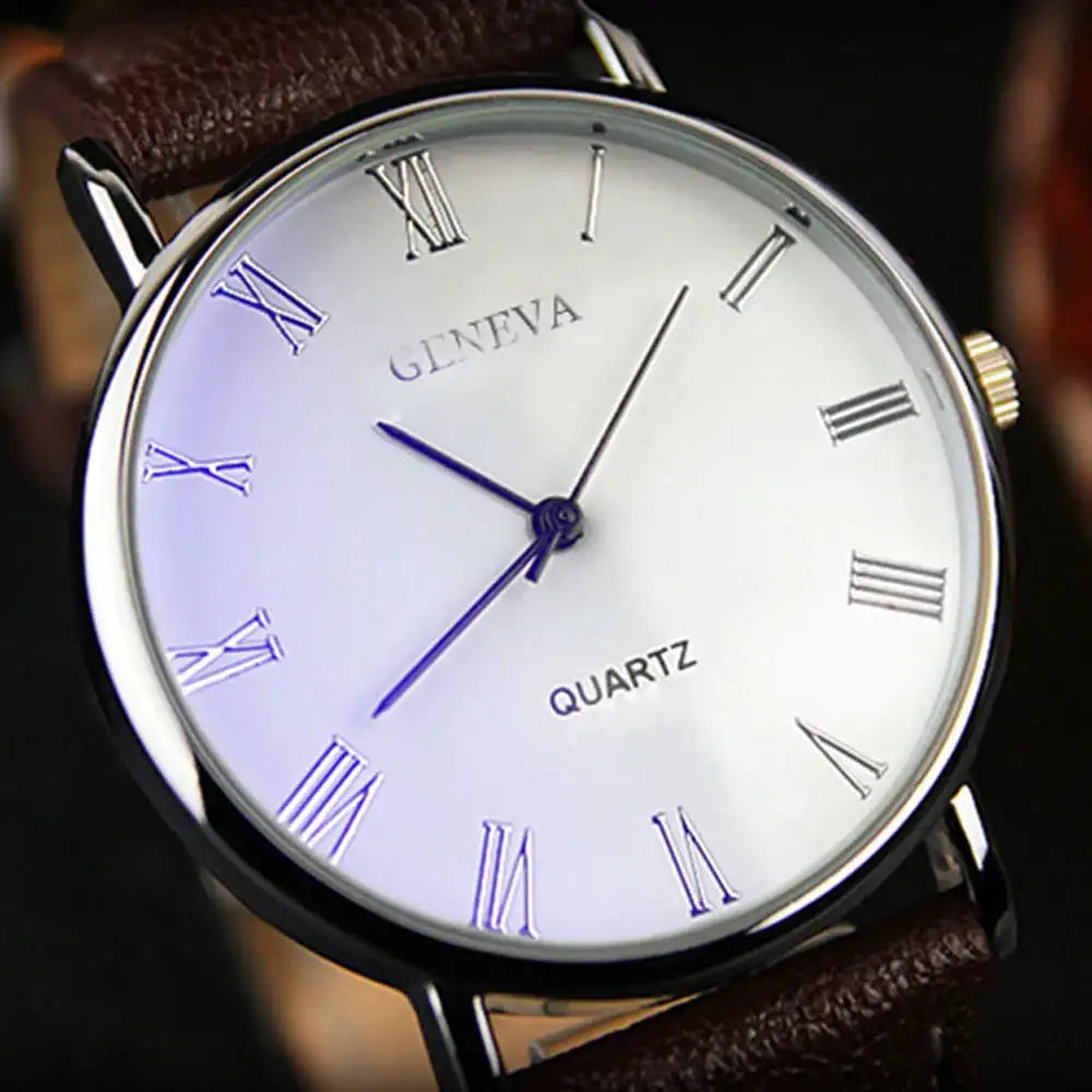Men Watch Roman Numerals Blu-Ray Faux Leather Band Quartz Analog Business WristWatch 2022 - Lootquake