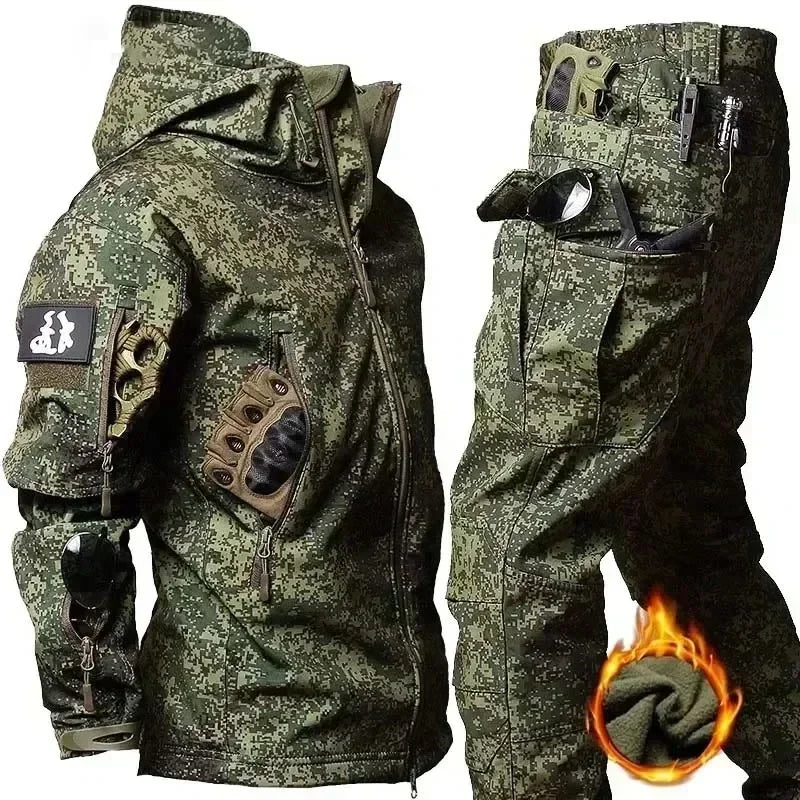 Camo Winter Tactical Sets Men Shark Skin Soft Shell Hooded Jacket+Multi-pocket Straight Cargo Pant 2Pcs Suits Waterproof Set - Lootquake
