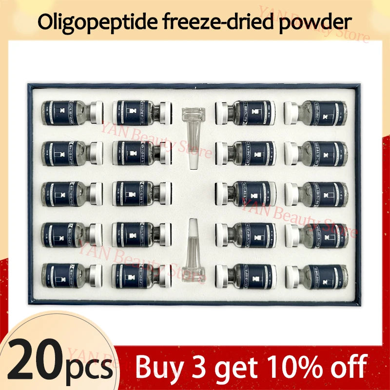 Set de oligopéptidos antiarrugas en polvo liofilizado, suero nutritivo, reparador de colágeno y reafirmante con ácido hialurónico para el cuidado de la piel.