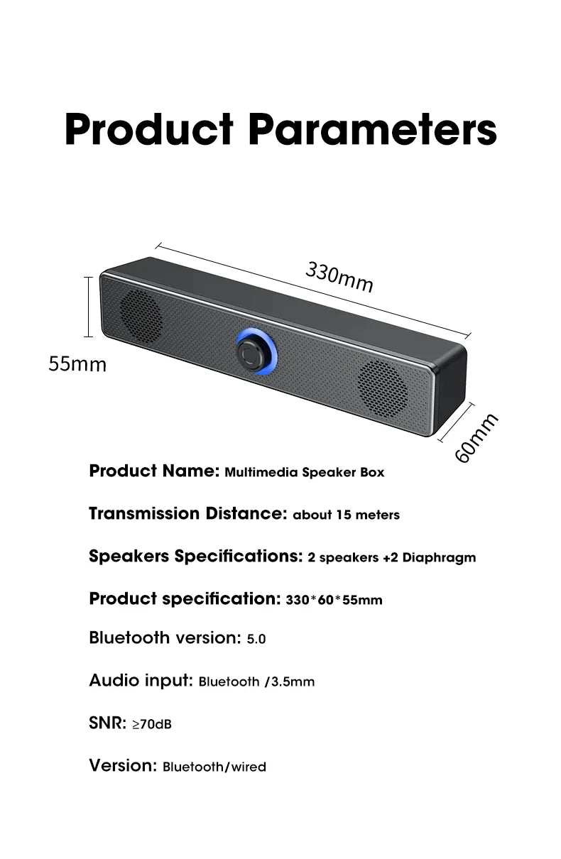 Bluetooth Speaker 4D Surround Soundbar Wired Computer Speakers Stereo Subwoofer Sound Bar for Laptop PC Theater TV Aux 3.5mm