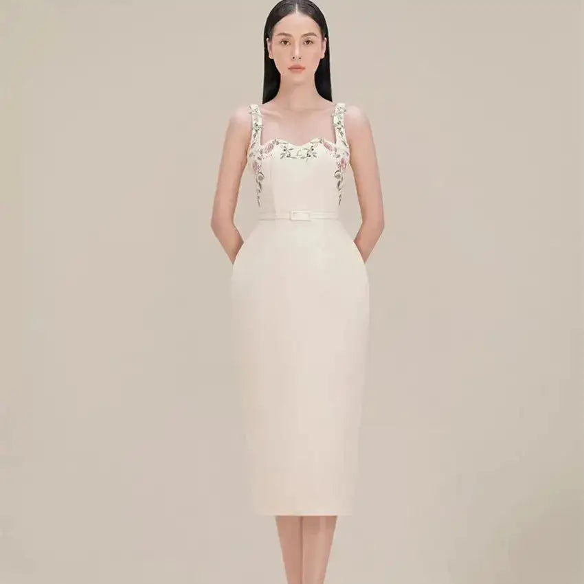 Runway Autumu Spaghetti Strap Bodycon Long Dress Sexy Women's Square Collar Embroidery Flower Sleeveless Tank Party Belt Dresses - Lootquake