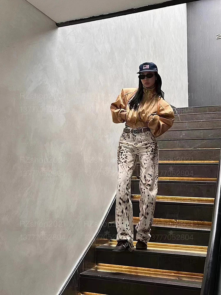 Baggy Wide Leg Jeans Women High Waisted Retro Leopard Print Straight Jeans High Street Streetwear Y2k Vintage Denim Trousers - Lootquake