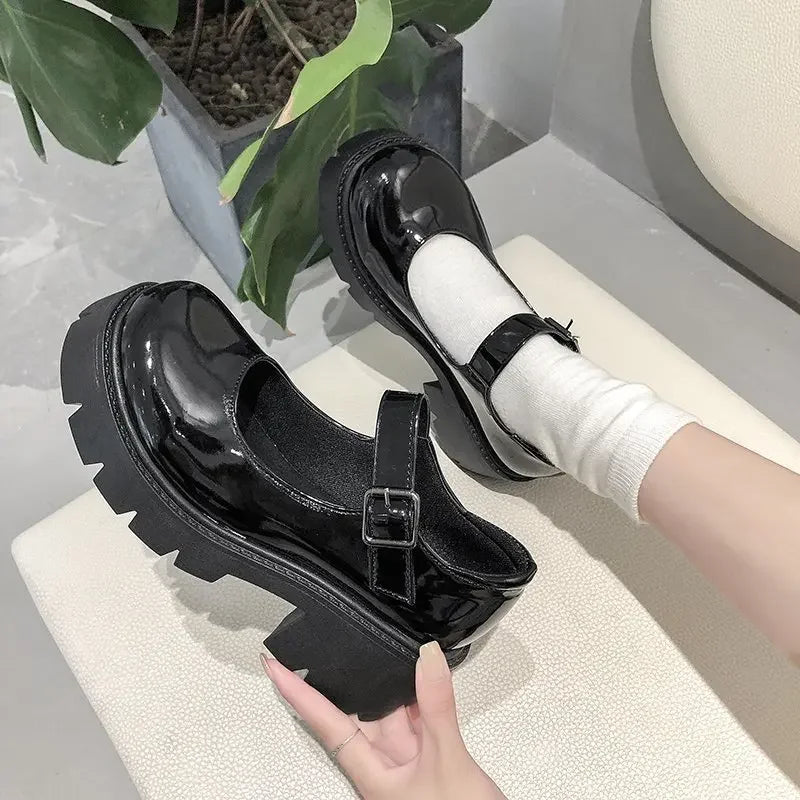 Patent Leather High Heels Mary Jane Shoes Women Japanese Style Ankle Platform Pumps Woman Buckle Jk Uniform Lolita Shoes - Lootquake