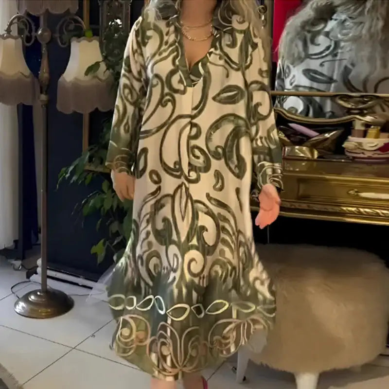 Vintage Fashion Printed V-neck Long Dress Women Spring Long-sleeved Loose Bohemian Dress Autumn Casual A-Line Maxi Dress Vestido - Lootquake