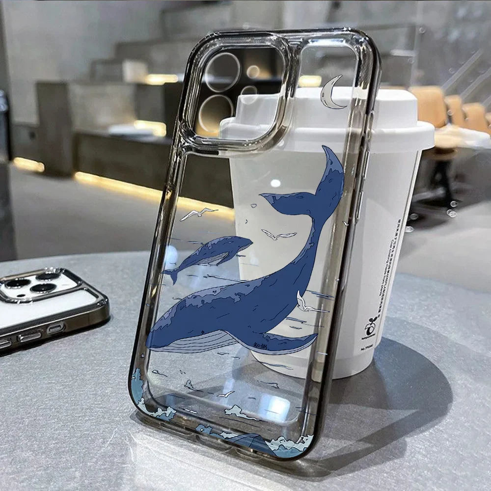 Funda transparente para teléfono con diseño de animales del océano, tiburón, delfín y pez
