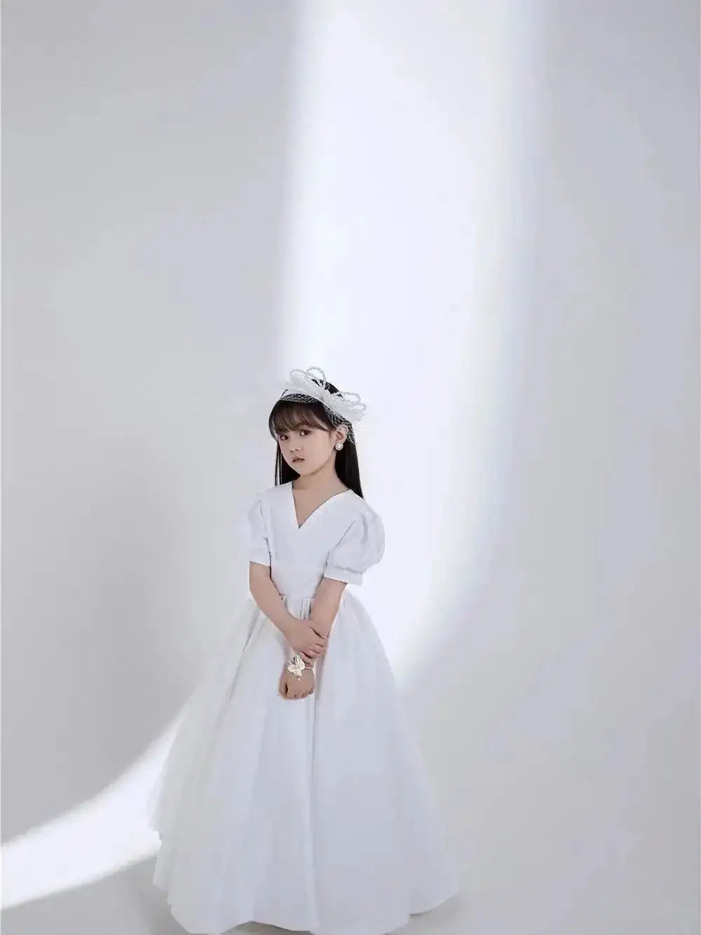 Children's Dress V-Neck White Patchwork Bow Short Sleeve Summer Clothes Fashion Girls Birthday Party Princess Long Dress 3-8year - Lootquake