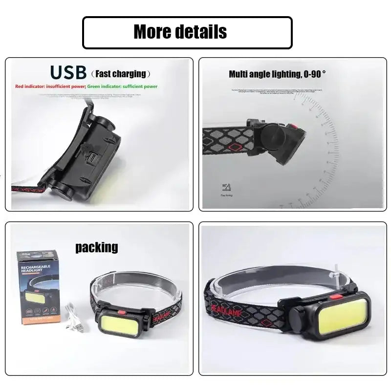 COB Headlight Portable Headlamp With Built-in 18650 Battery Flashlight USB Rechargeable Outdoor Camping Fishing Climbing Lantern - Lootquake