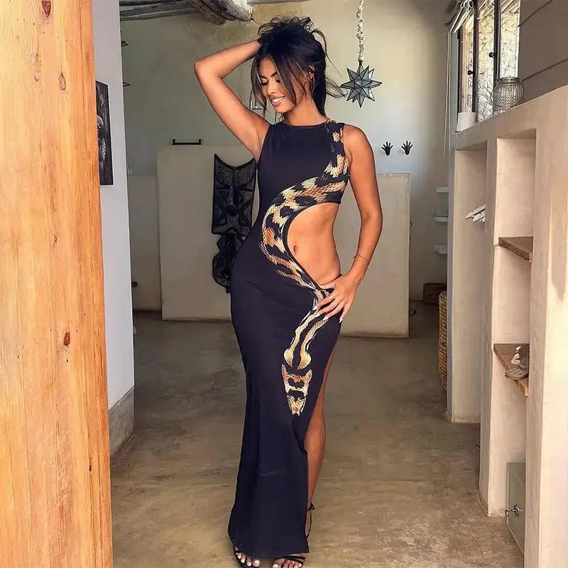 Tossy Python Printed Hollow Out Maxi Dress Female Slim Sexy Side Split Sleeveless Contrast Summer Party Dress Women's Long Dress - Lootquake