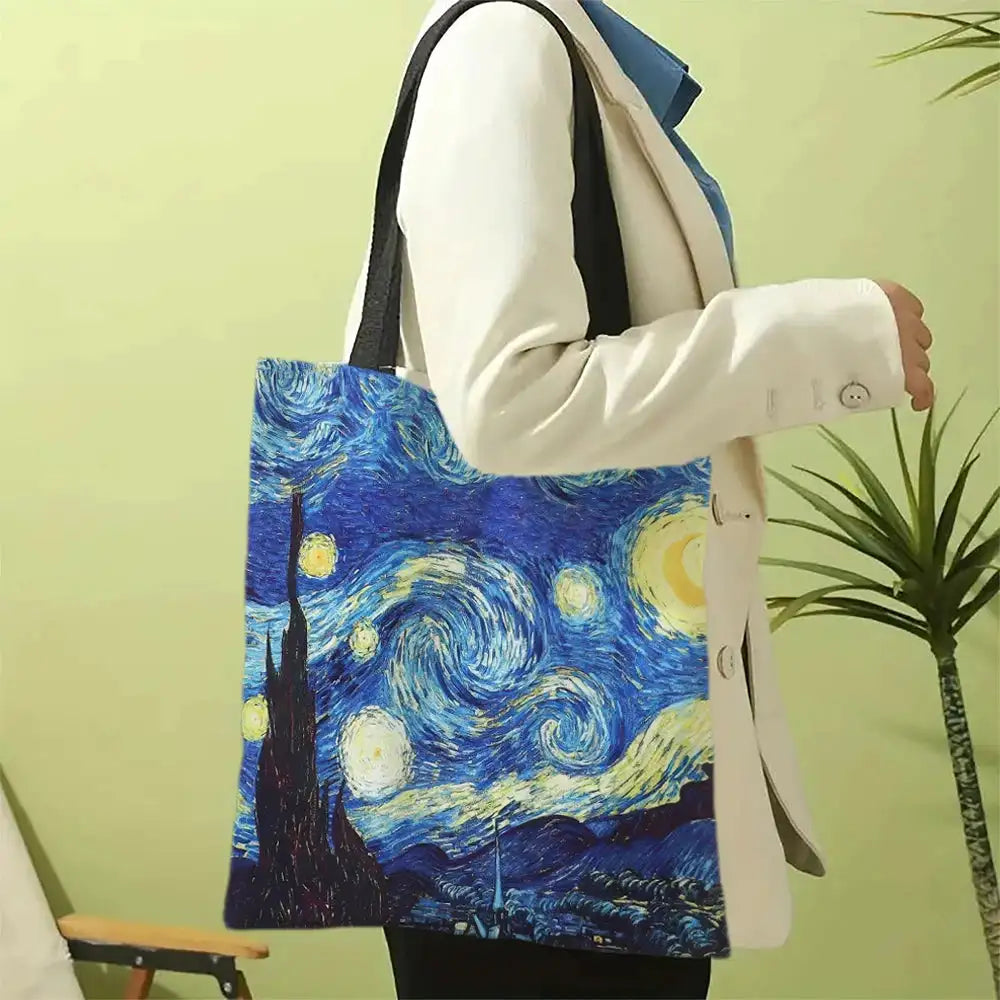 Van Gogh Series Linen Bag Oil Painting Starry Night Sunflower Apricot Flower Coffee Holder Handbag Lightweight Shoulder Bag - Lootquake
