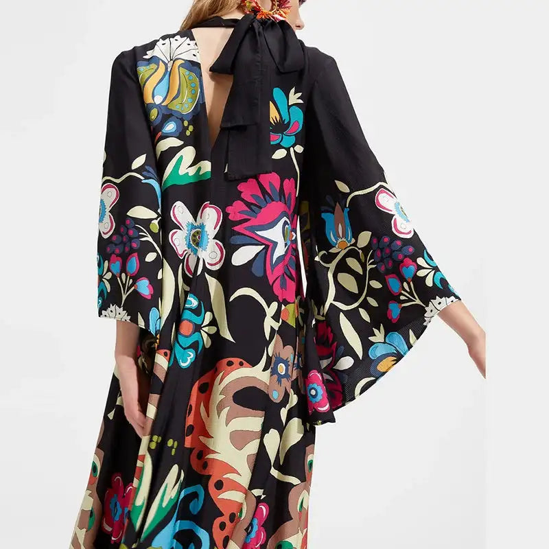 Ethnic Retro Spring Print Boho Long Dress Women Sexy Stand Collar Lace-up Party Dress Fall Long Sleeve Loose Ladies Maxi Dresses - Lootquake