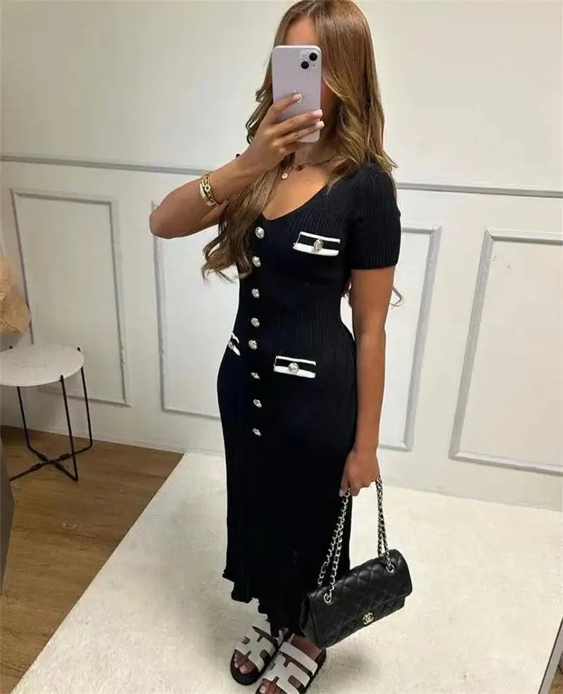 Office Lady Elegant Knitted Long Dress Summer Short Sleelve V Neck Single Breasted Bodycon Dresses Women Party Fashion Vestidos - Lootquake