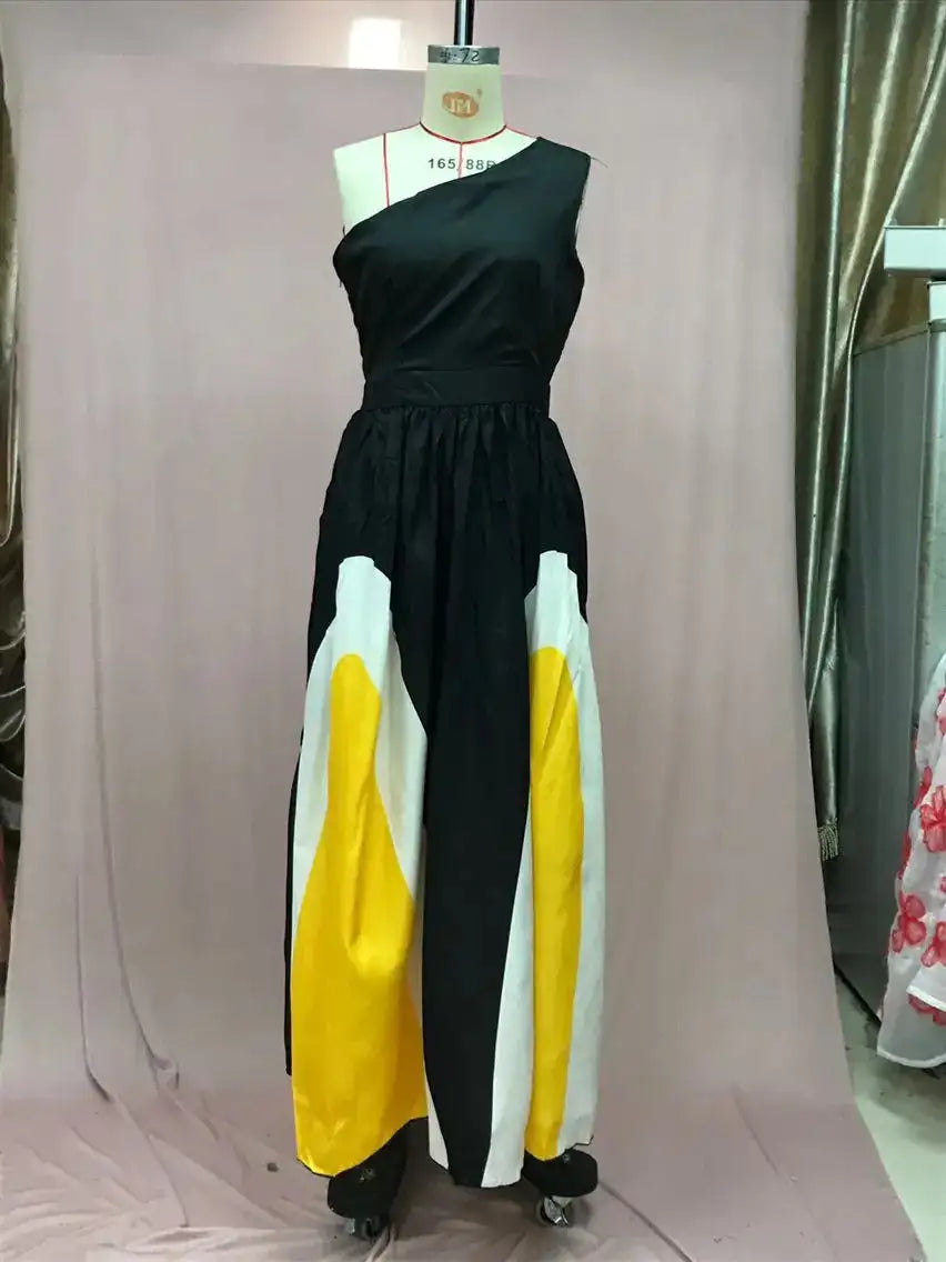 2024 Spring Summer New One Shoulder Dresses Women Splicing Print Off Shoulder Loose Long Dress Fashion Ladies Commuting Vestidos - Lootquake