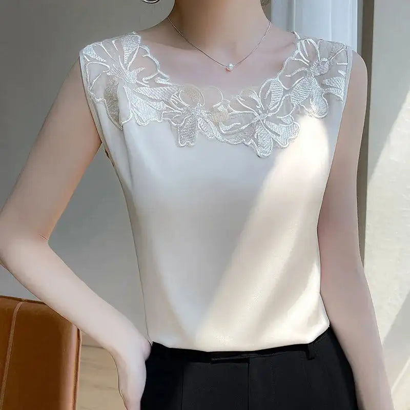 new woman clothing vest camis Tank top women's suit bottom lace lining 2024 summer new silk satin sleeveless top suspender vests - Lootquake