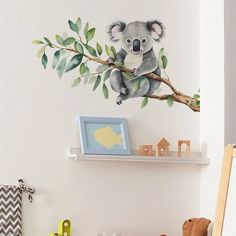 Pegatinas de pared de dibujos animados de koala trepando ramas de árboles, decoración de pared para habitación infantil, guardería, papel tapiz de PVC
