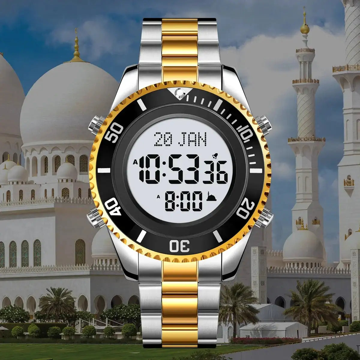 SKMEI 2141 Stainless Steel Digital Watche Muslim Azan Prayer Compass Clock Adhan Alarm Hijri Islamic Wristwatch with Back Light - Lootquake