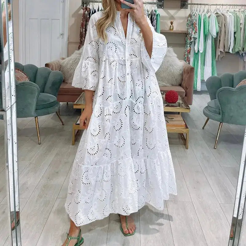 Fitshinling Cotton Long Dress Women Costume Flare Sleeve Slim A-Line Robe Fashion Hollow Out Lace Maxi Dresses Dance Wear - Lootquake