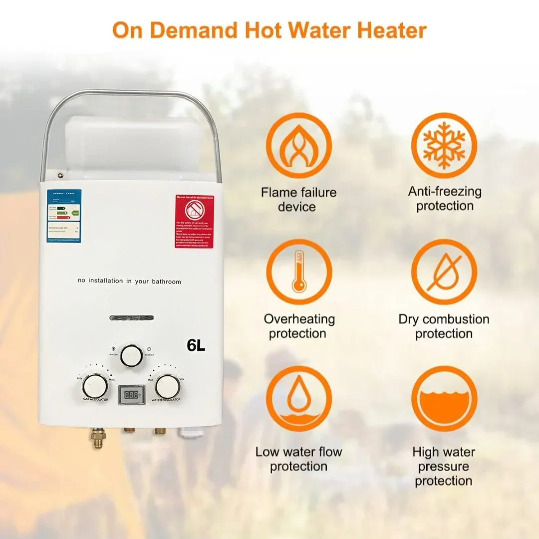 Calentador de agua instantáneo sin tanque de 6 litros para acampar al aire libre, a gas propano, con cabezal de ducha, para auto, camión y tienda de campaña.