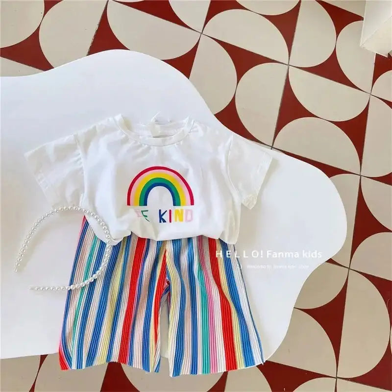 Baby Summer Set Children's Tops and Bottoms Suit New Girls Cute Short-Sleeved T-Shirt Rainbow Pleated Pants Two-Piece 12M-8Y - Lootquake