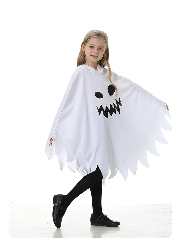 Halloween Kids Cosplay Costume White Black Luminous Ghost Luminous Face Cape Shawl Party Dress-Up Costume Boys Cape Girl Skirt