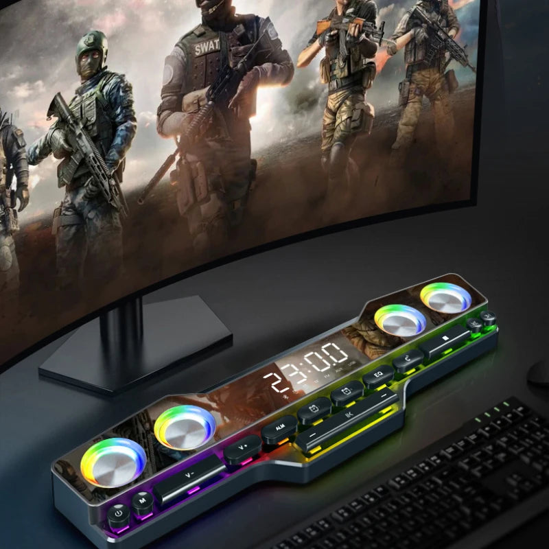 Barre de son sans fil Bluetooth pour jeux vidéo, USB, stéréo 3D, caisson de basses, FM, horloge, barre de son intérieure, haut-parleur pour ordinateur, offre spéciale