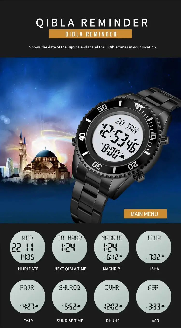 SKMEI 2141 Stainless Steel Digital Watche Muslim Azan Prayer Compass Clock Adhan Alarm Hijri Islamic Wristwatch with Back Light - Lootquake