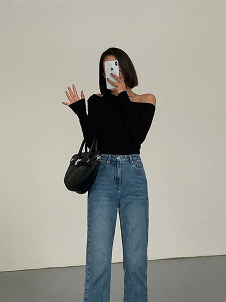 Fashion Skew Collar Off-shoulder Long-sleeved T-shirts Women Spring 2025 New Solid Slim Fit Crop Top Sexy Hollow Out Tees Shirts - Lootquake