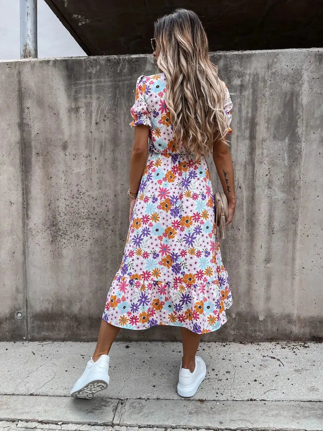 Summer Floral Print Dress Women V Neck Side Slit Long Dress Elegant Short Sleeve Button Slim Spring Female Party Dress Vestidos - Lootquake