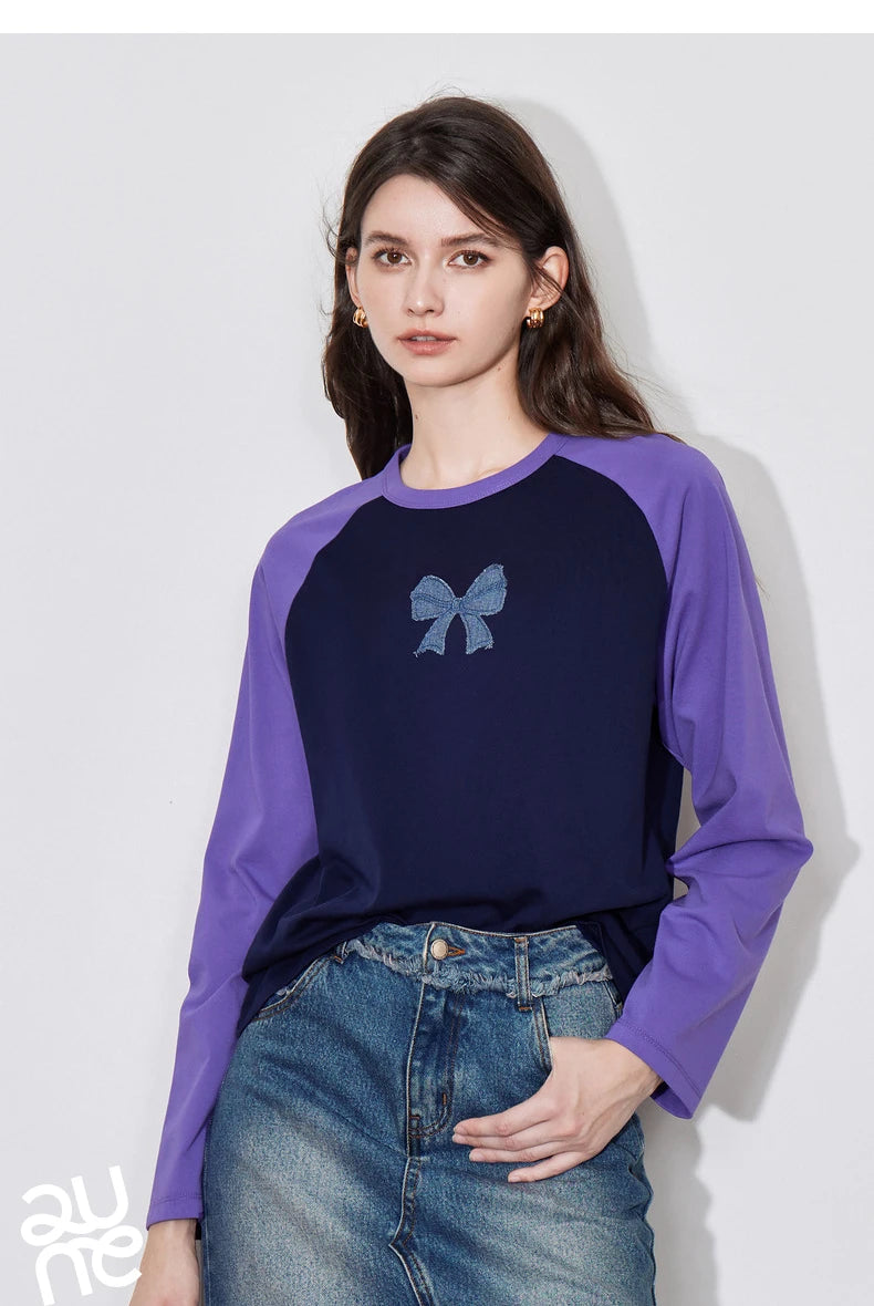 TOYOUTH Women T-shirt 2024 Autumn New Denim Bow Contrasting Color Raglan Sleeve Pullover Casual Tops - Lootquake