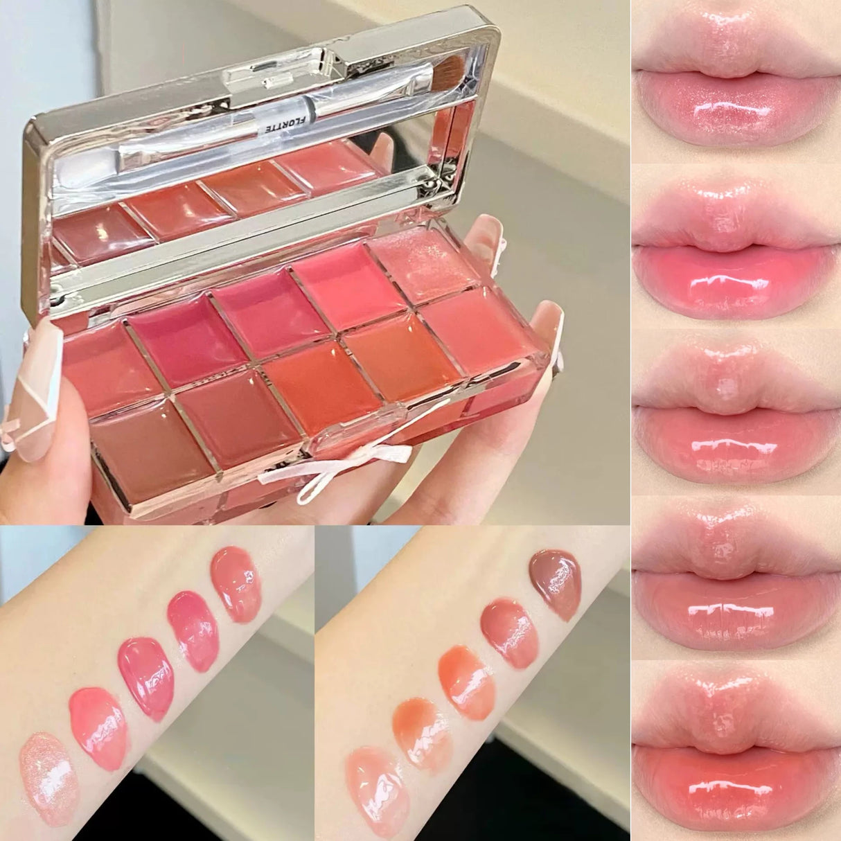 FLORTTE 10-Color Lip Palette Lip Gloss and Lipstick Glossy Moisturizing Pigmented Multifunctional Easy to Apply