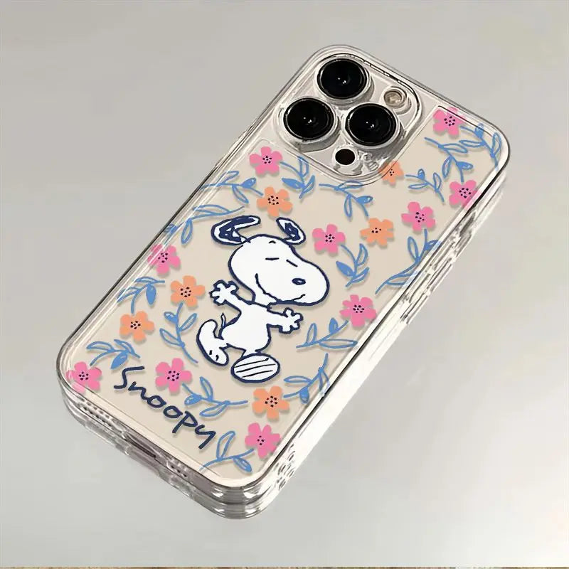 Funda para teléfono con diseño creativo de Snoopy y flores negras