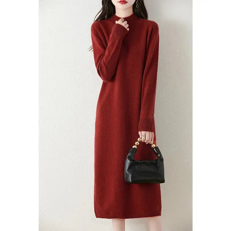 Autumn Winter Women's Wool Long Dress Cashmere Mock Neck Pullover Sweater 100% Merino Wool Soft Knitwear OL Simple Basic Dress - Lootquake