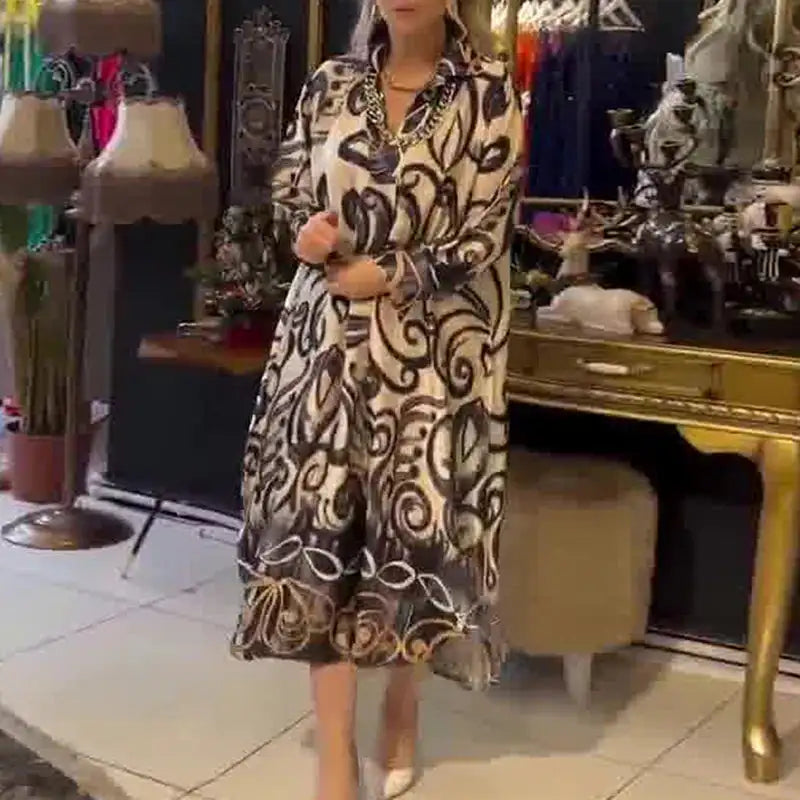 Vintage Fashion Printed V-neck Long Dress Women Spring Long-sleeved Loose Bohemian Dress Autumn Casual A-Line Maxi Dress Vestido - Lootquake