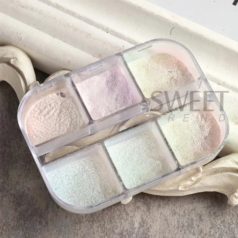 6 Grids Aurora Mirror Nails Powder Aurora Shiny Pearl Chrome Effect Pigments Gel Polish Laser Dust Glitter Manicure Decoration