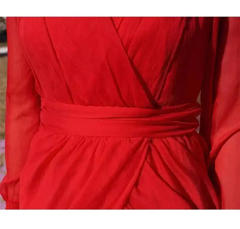 2025 Spring/Summer Silk Dress with Charm Seaside Vacation Beach Dress Red Extra Long Tailed Long Dress White Elegant And Gracefu - Lootquake