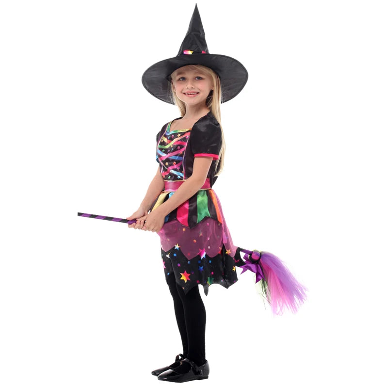 Halloween Children's Witch Dress - Comes with Hat, Halloween Role Playing Costume,Colorful Star Pattern Printed Carnival Costume