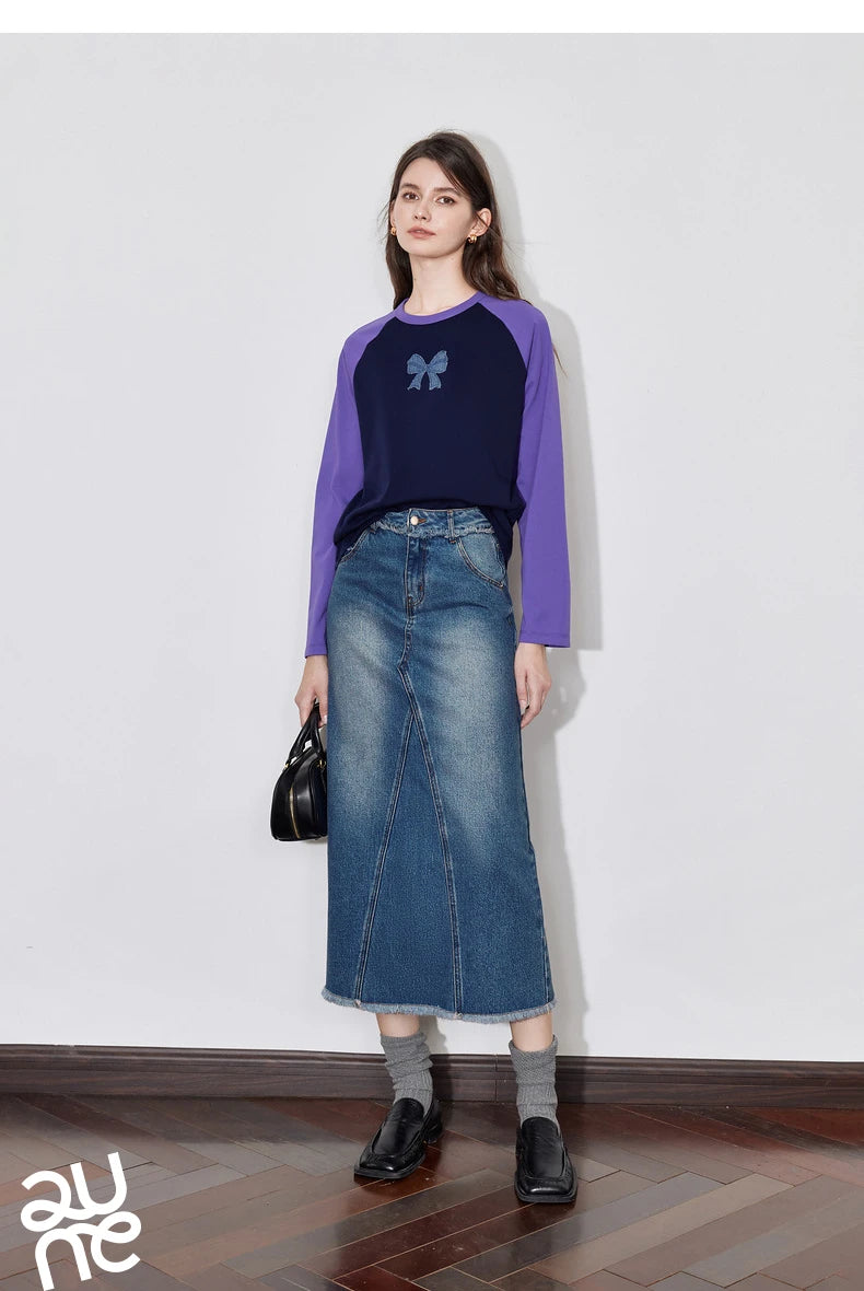 Camiseta TOYOUTH para mujer, otoño 2024, nueva, de mezclilla con lazo y mangas raglán en color contrastante, tops casuales